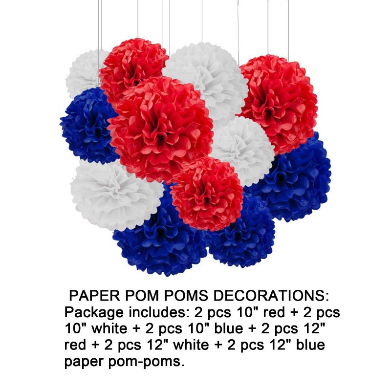 Aimto 12pcs Red,White and Blue Paper Pom Poms Decorations for Party Ceiling Wall Hanging Tissue Flowers Decorations - 3 Colors of 12 Inch, 10 Inch - Image 2
